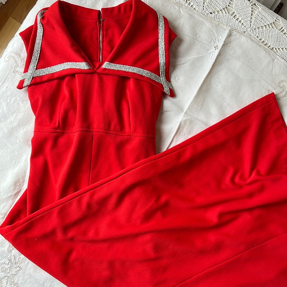 Fun and Flirty Vintage Red Maxi Dress with Silver Accents. Middle slit.